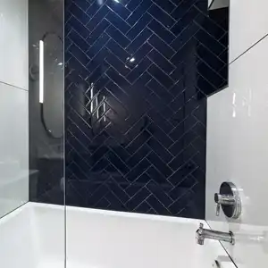shower with glass surround and brilliant blue tile